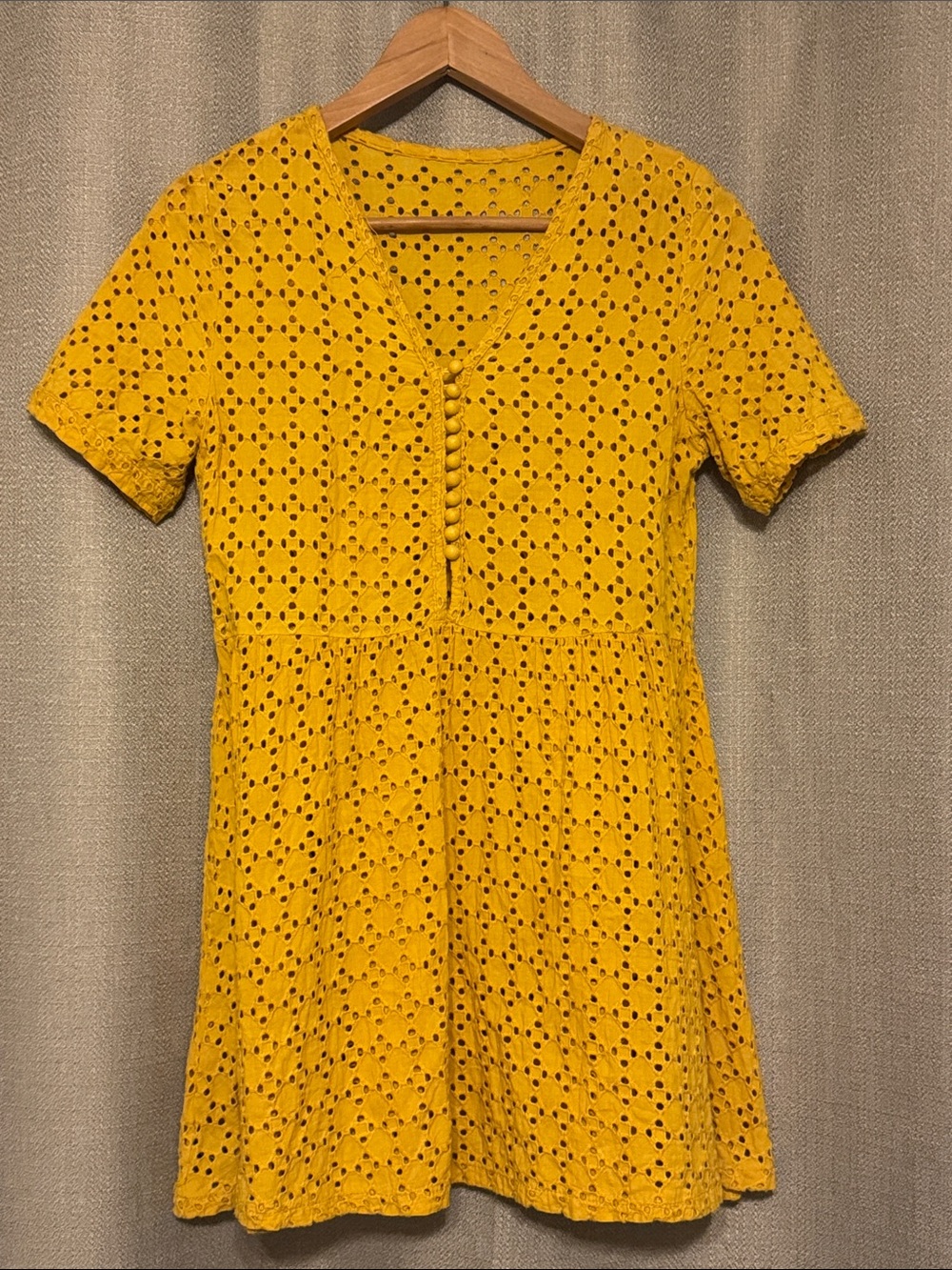 Mustard Eyelet V-Neck Short Sleeve Mini Dress